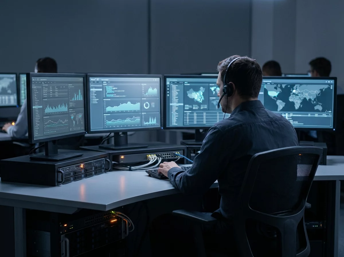 Analyste securite surveillant des ecrans de monitoring SOC